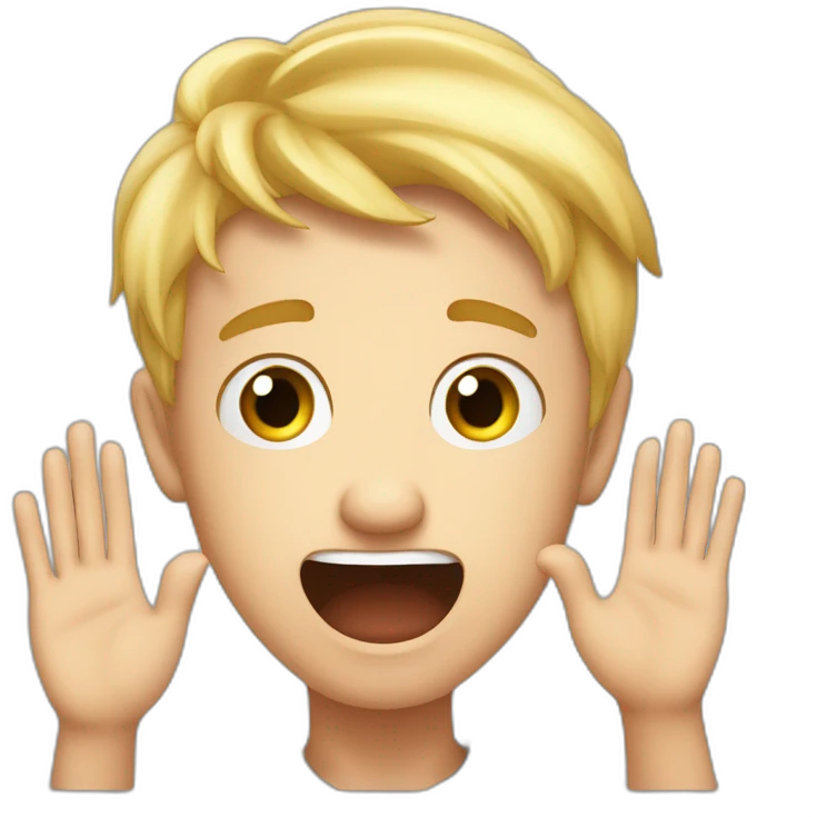 It was not me, I am innocent. Portrait of confused nervous little blond man raising palms up in surrender and staring emoji