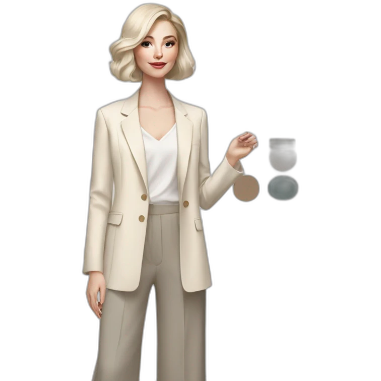 pale skin woman with ash blonde Straightened bob Hair, White Spacious classical jacket, beige palazzo Arrow pants and gray blouse holding a color palette in the hands emoji