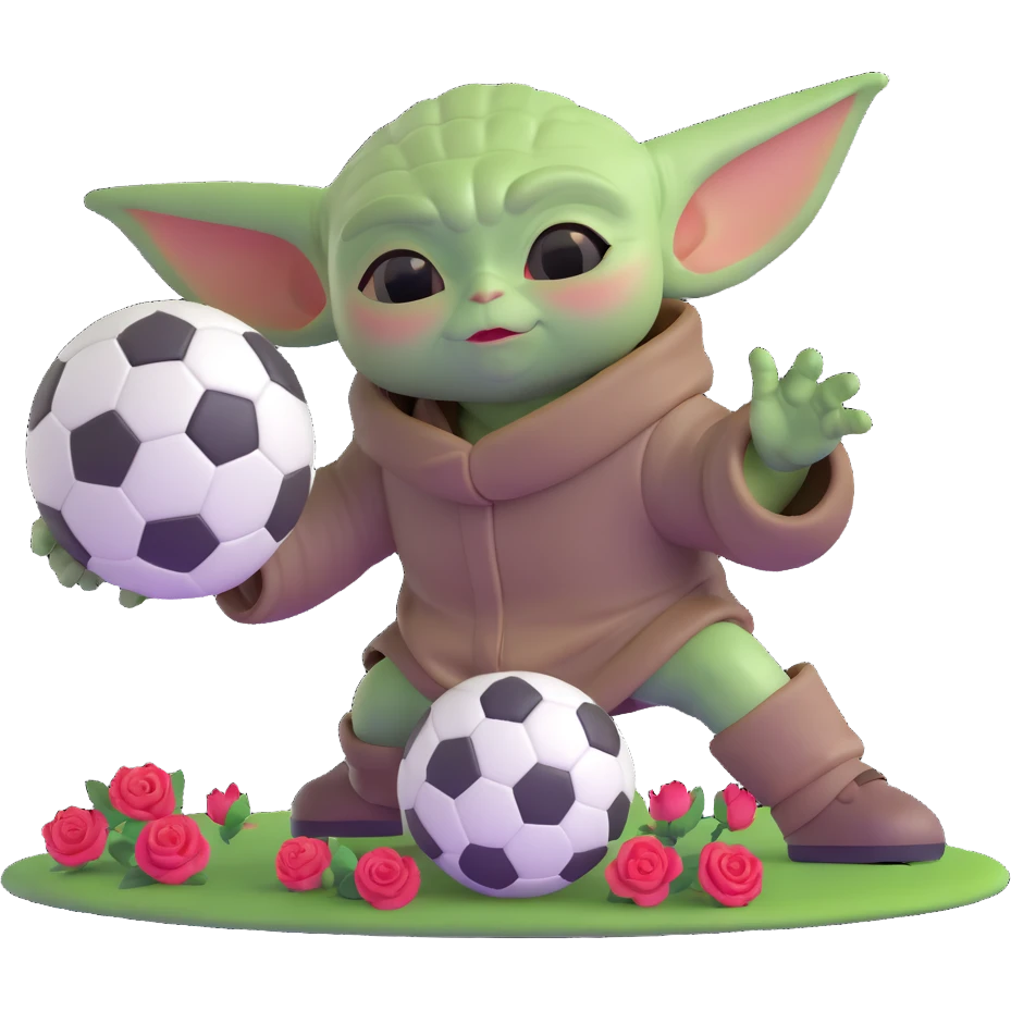 baby Yoda kicking a soccer ball with small roses beside him emoji