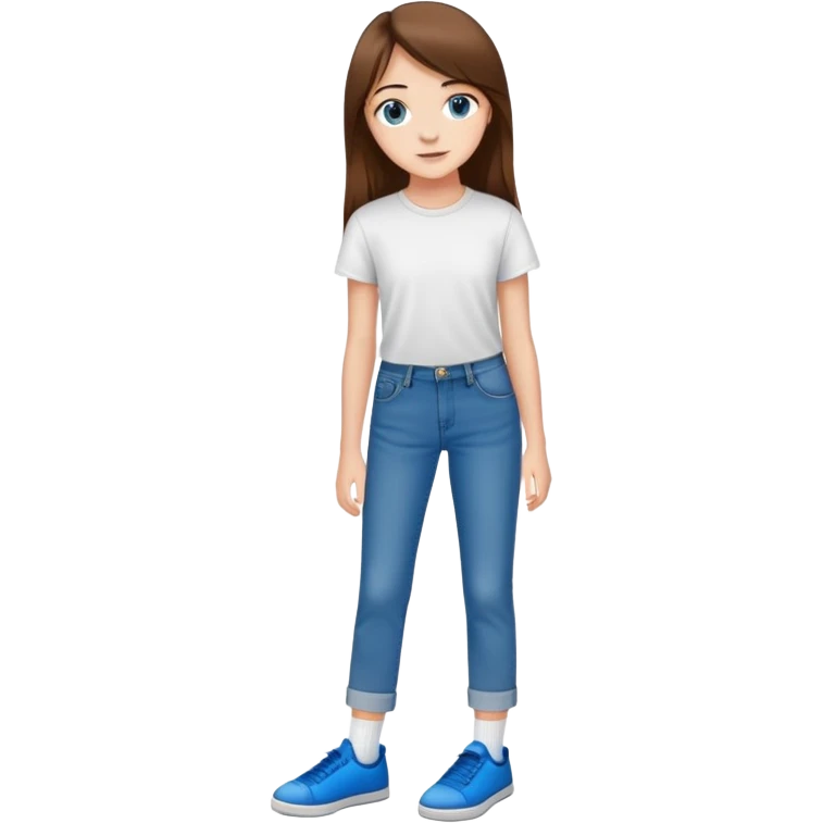 A cute 16 year old white girl that has long straight brown hair wearing a white T shirt as well as LONG blue jeans with BROWN eyes, and wearing black socks and blue shoes emoji
