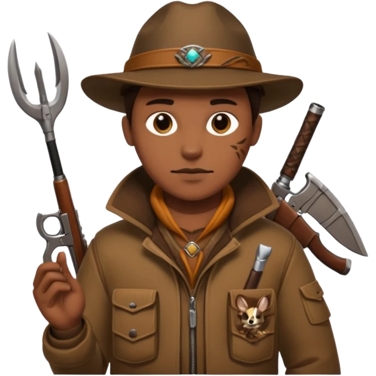 Classic hunter image, with brown clothes and some decorations made from prey emoji