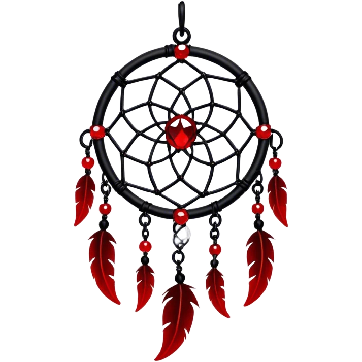 Blood-red, bloody, obsidian-black, edgy, dream catcher, red gemstones, black wires, black threads, tiny skulls, emoji