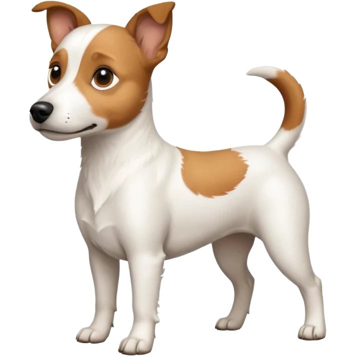 a full body white jack russel looking dog the size of a kelpie with light brown ears and a light brown patch on one eye and a large snout emoji