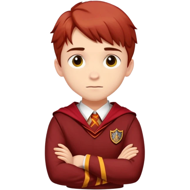 A teenage boy slightly to the side looking forward with crossed arms wearing the Gryffindor uniform emoji