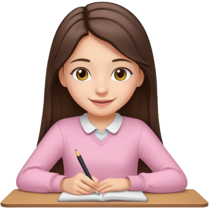 smiling long brunette hair girl hazel eyes wearing light pink clothes writing emoji