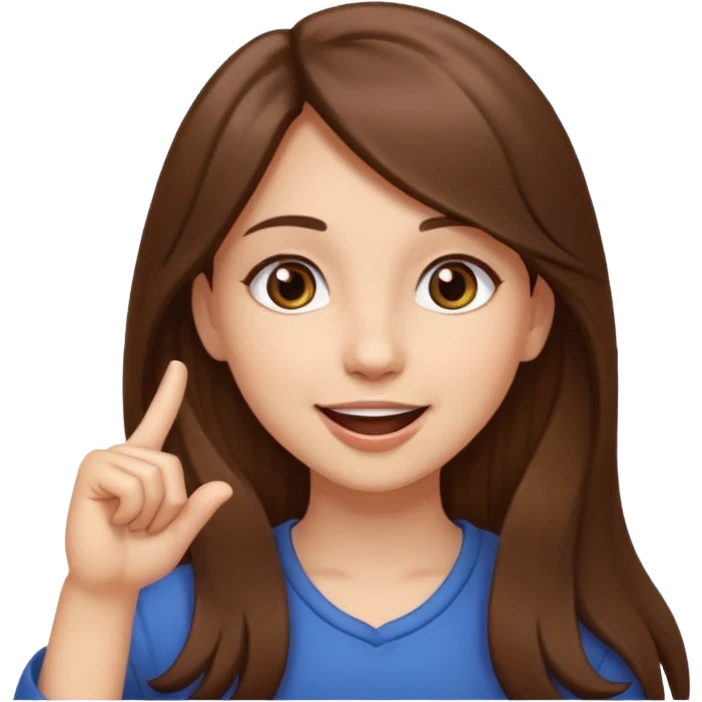 Emoji Fille cheveux long et brun yeux brun avec un doigt dans la bouche et sa mains un peut lancer et quel elle sourit  emoji