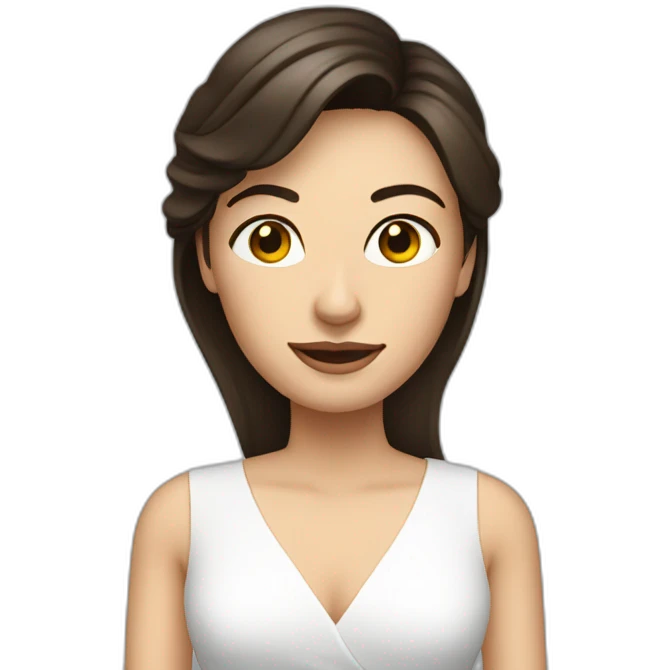 Brunette woman in a white dress talking to a camera emoji