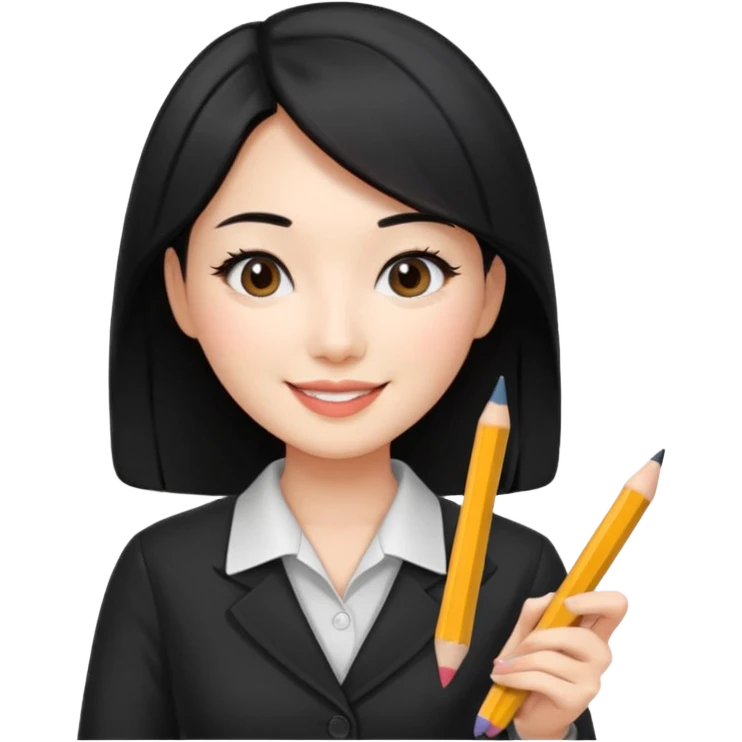 a korean cosmetics marketing expert women with black hair, holding pencil and phone emoji