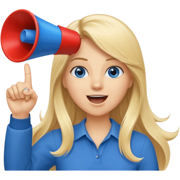  blue eyes blonde girl yelling into megaphone with right hand smiling long hair holding up left first finger emoji