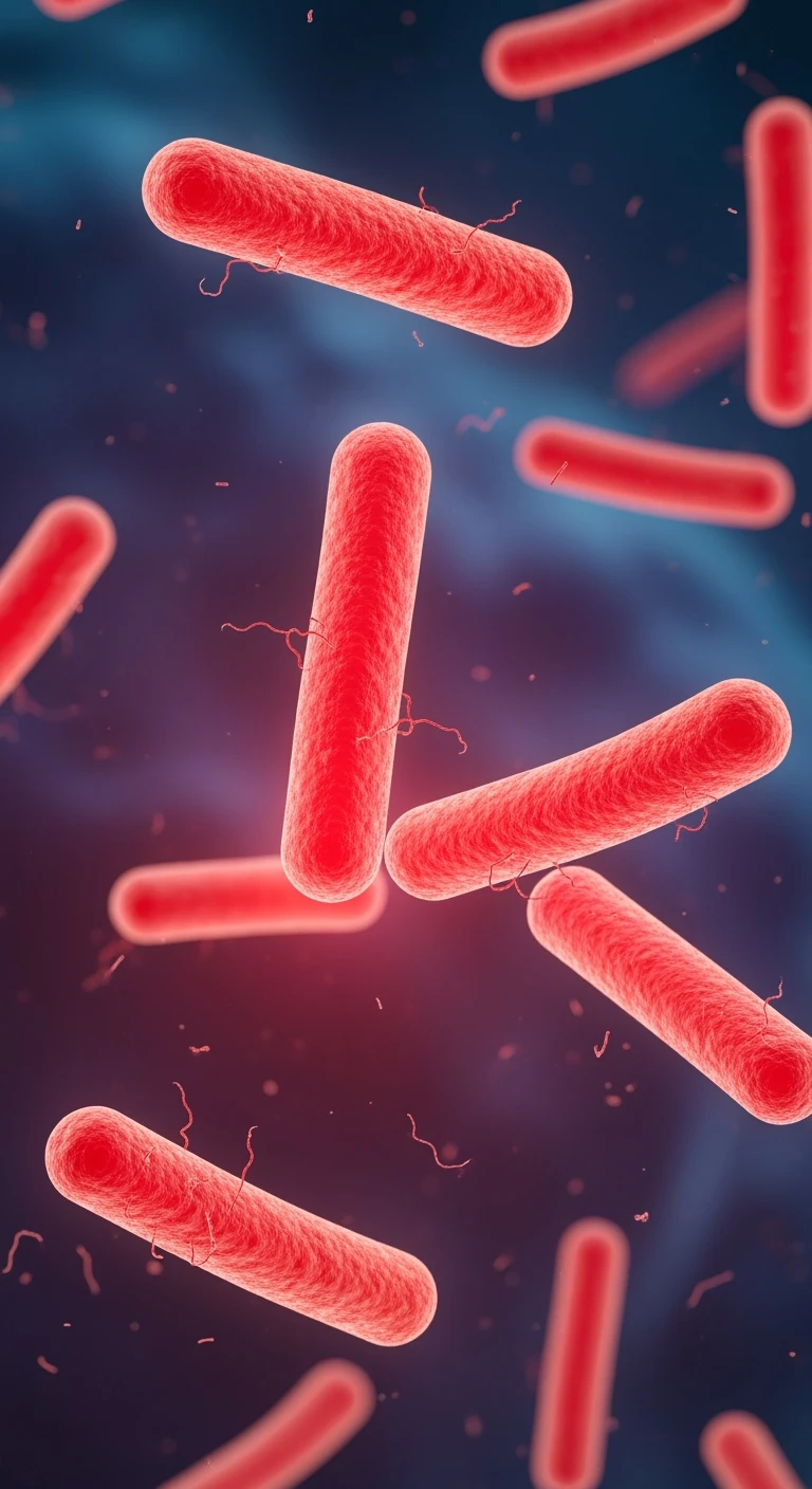 batteri intestinali rossi fluttuano in aria, IPERREALISTICO 4K emoji