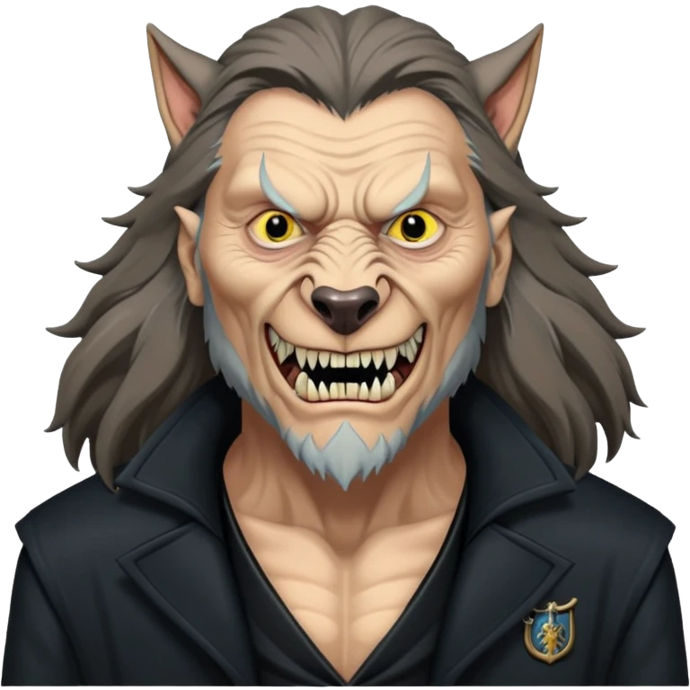 Fenrir Greyback in harry potter, black open chest coat, wolf face, pointed ear, bared teeth emoji
