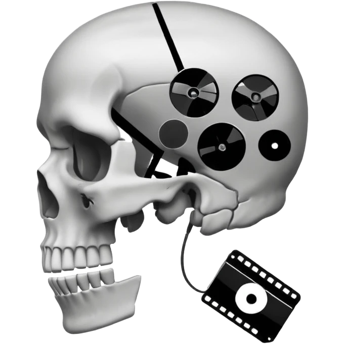 Minimalist emoji-style sticker of a human skull in profile, with a film reel replacing the brain. Grayscale icon with bold silhouette.
 emoji