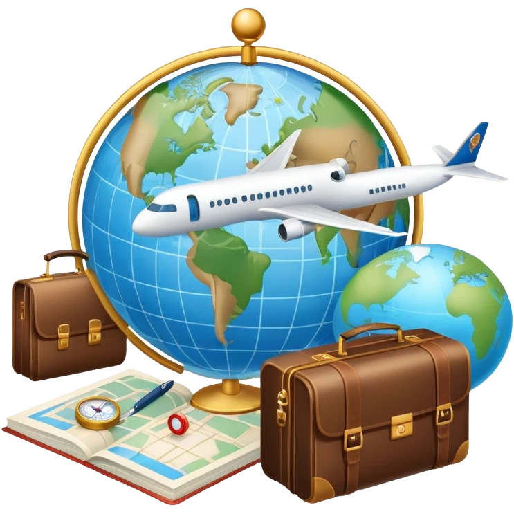 An icon featuring a hotel building, and a globe, symbolizing the scientific study of tourism and hospitality. The design includes a map, a plane and train, a compass, and a checklist, representing travel planning and service management. Transparent background emoji