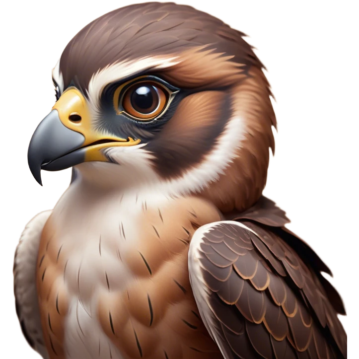 Cinematic Cute Falcon Portrait Emoji, Head tilted playfully and inquisitively, featuring a sleek, agile form with a delicately curved beak and round, sparkling eyes full of spirited charm, Simplified yet irresistibly adorable features, highly detailed, glowing with a warm, inviting glow, high shine, affectionate and lively, stylized with a touch of whimsical aerial grace, soft glowing outline, capturing the essence of a mischievous yet endearing falcon that seems as if it could dart out of the screen into your heart! emoji
