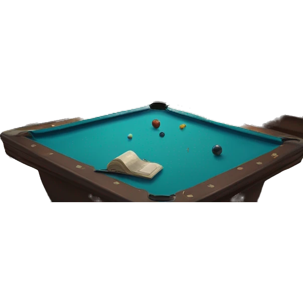 a dark-brown lounge area with a desk and a computer on top of it, a round table, 2 paintings on blue walls, a pool table and a pool stick on the pool table, a floor lamp, a big carpet on the floor, and one carpet on the wall emoji
