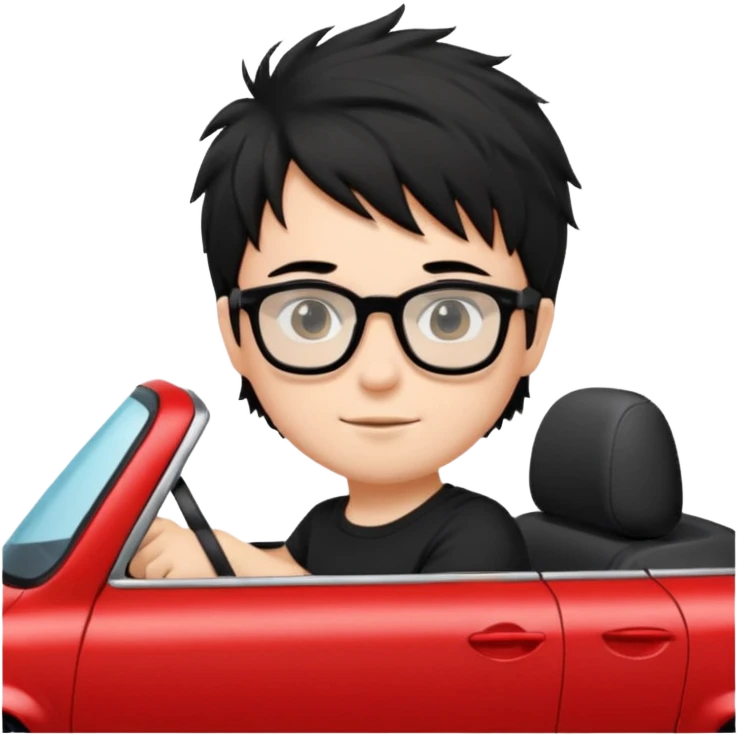 generate a pretty bratz fair skinned boy with black messy hair wearing a black tshirt driving a red car. Glasses on.  emoji