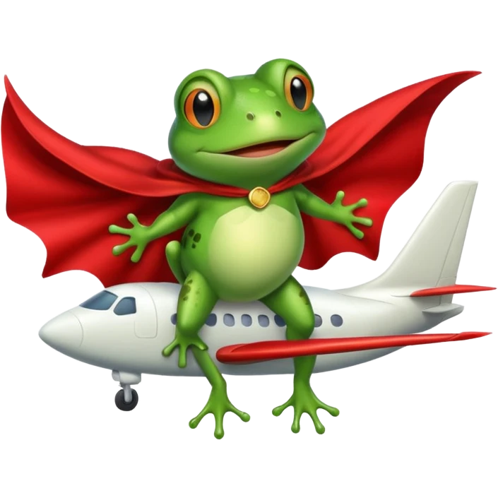 A frog wearing a cape and standing on a plane  emoji