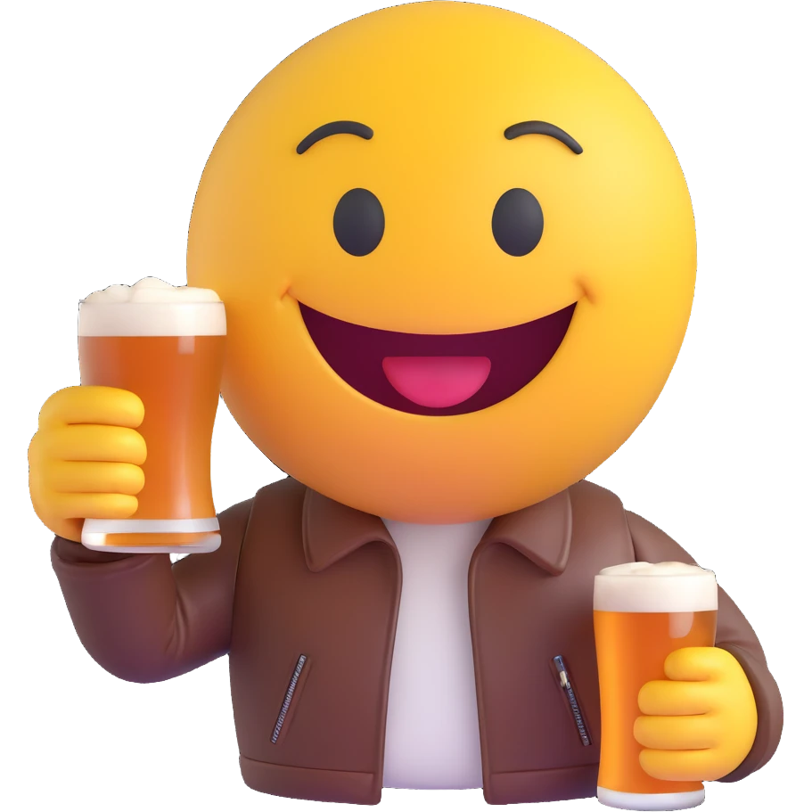 3D smiley emoji, round shape, motorcyclist with beer: holding beer mug, leather jacket, funny face emoji