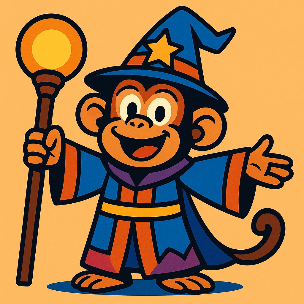 cartoon style wizard monkey with magical staff, smiling, colorful robe emoji