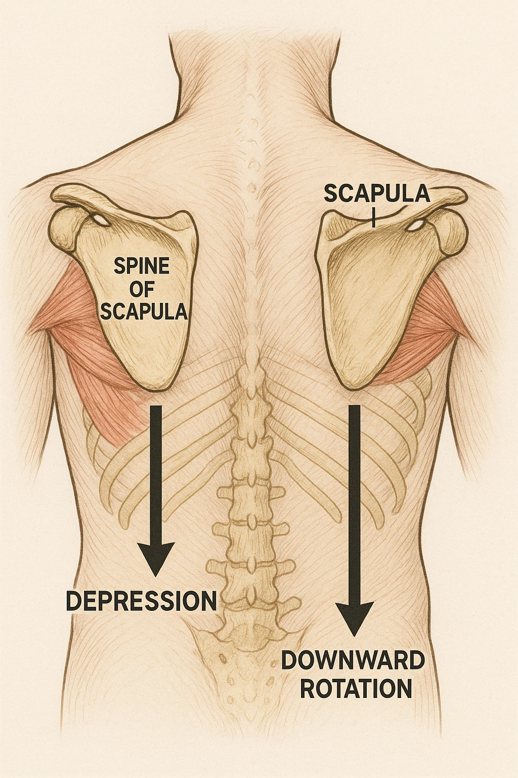 Scapole che vanno in giù depresse, viste anatomicamente. Fallo capire magari con frecce in basso più specifiche e caratteristiche emoji