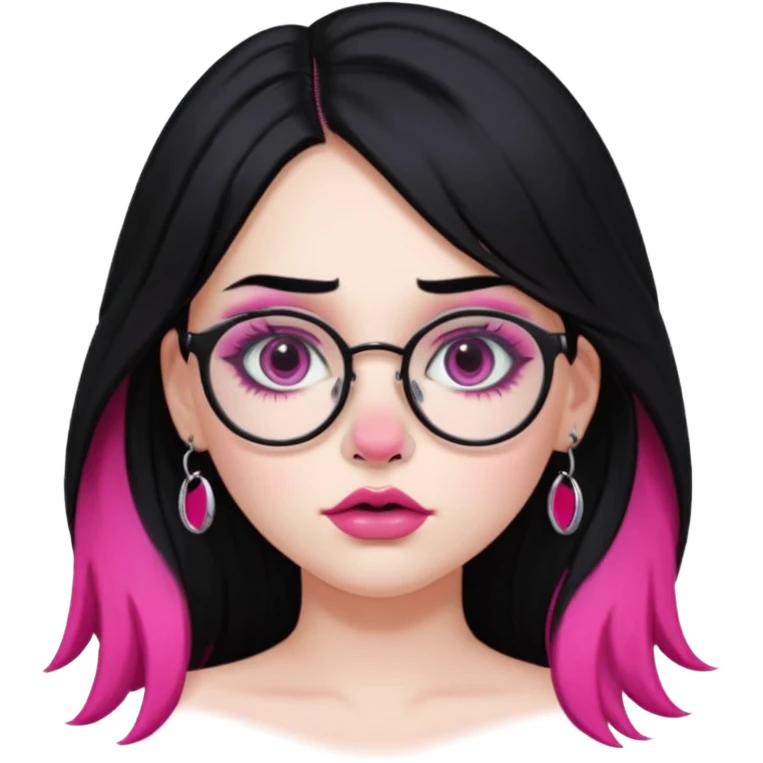 gothic pale girl, nose and lip piercings, long black hair with pink ends, heavy eye makeup, glasses, voluptuous chest emoji