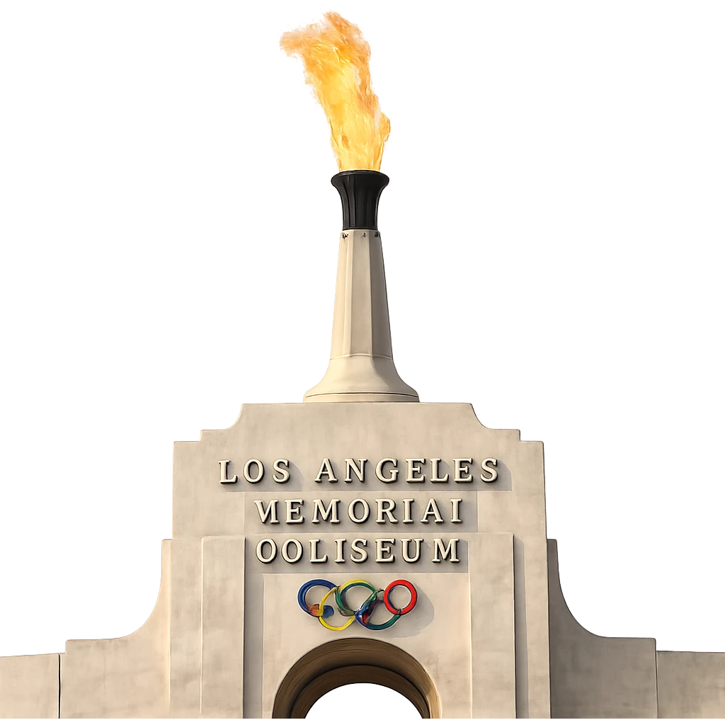 Add a realistic, bright flame coming out of the top of the Olympic Torch at the center of the Los Angeles Memorial Coliseum. The fire should be contained to the top of the torch. Keep everything else exactly as it is. Transparent background. emoji