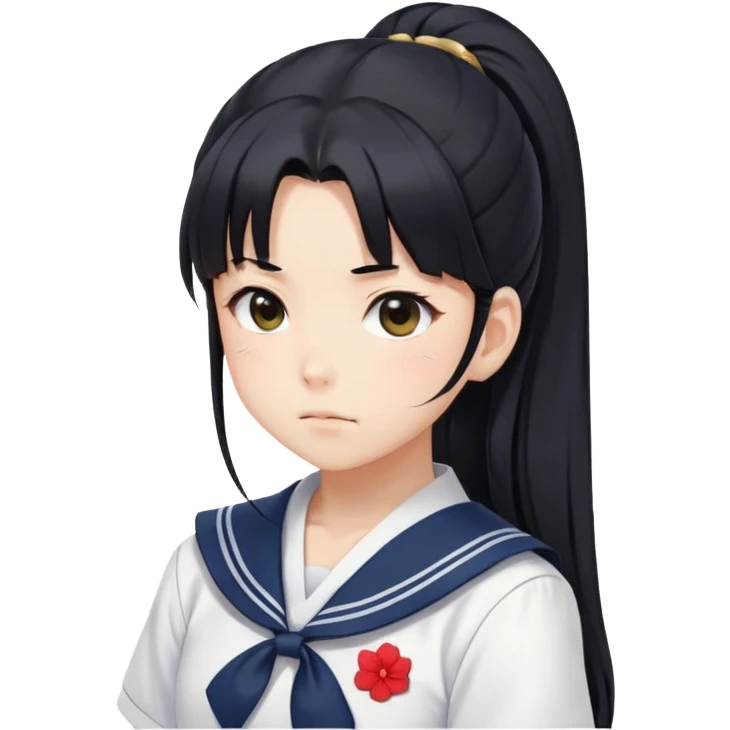Serious anime girl with long black hair in high ponytail wearing Japanese sailor style school uniform, stern expression, kawaii style emoji