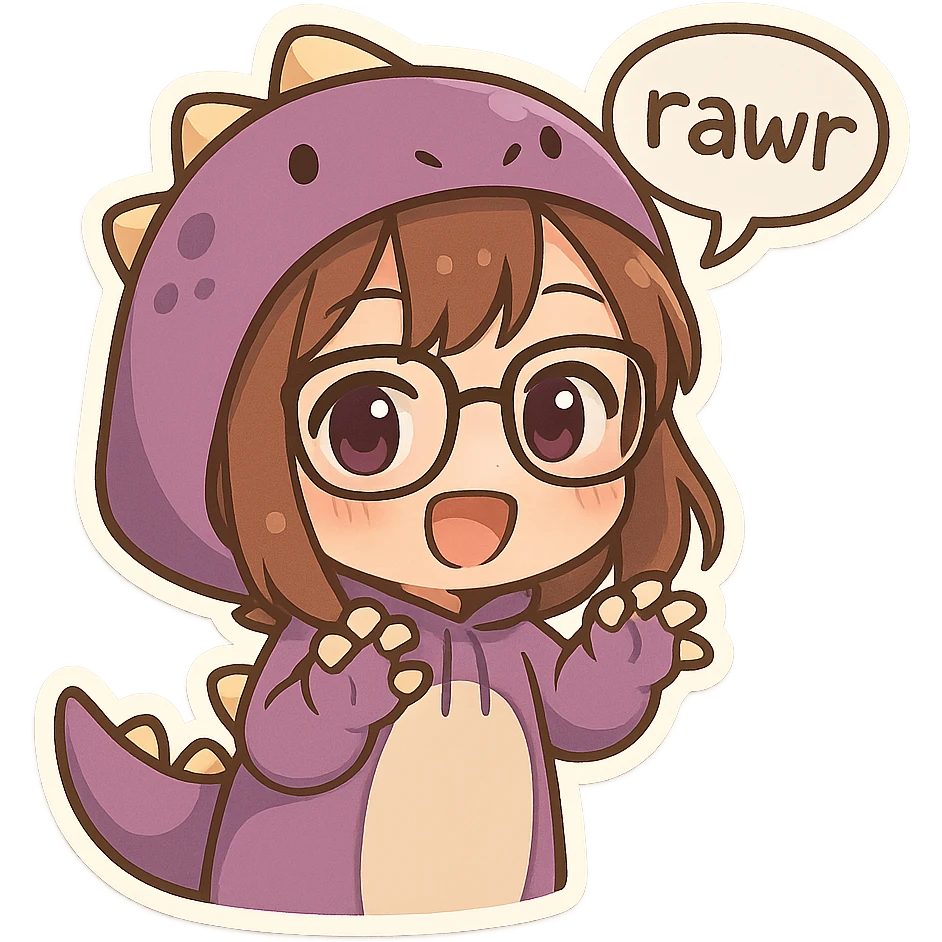 chibi anime style girl with glasses, brown hair, dark purple eyes, wearing a purple dinosaur costume, saying 'rawr' in a cute playful way, with a speech bubble emoji