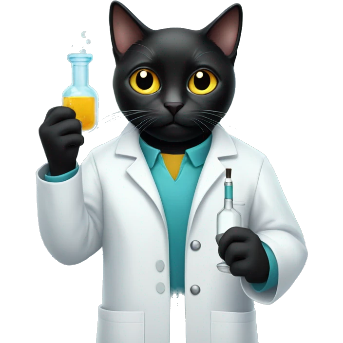 Black cat wearing a lab coat with shocked expression holding a vial emoji