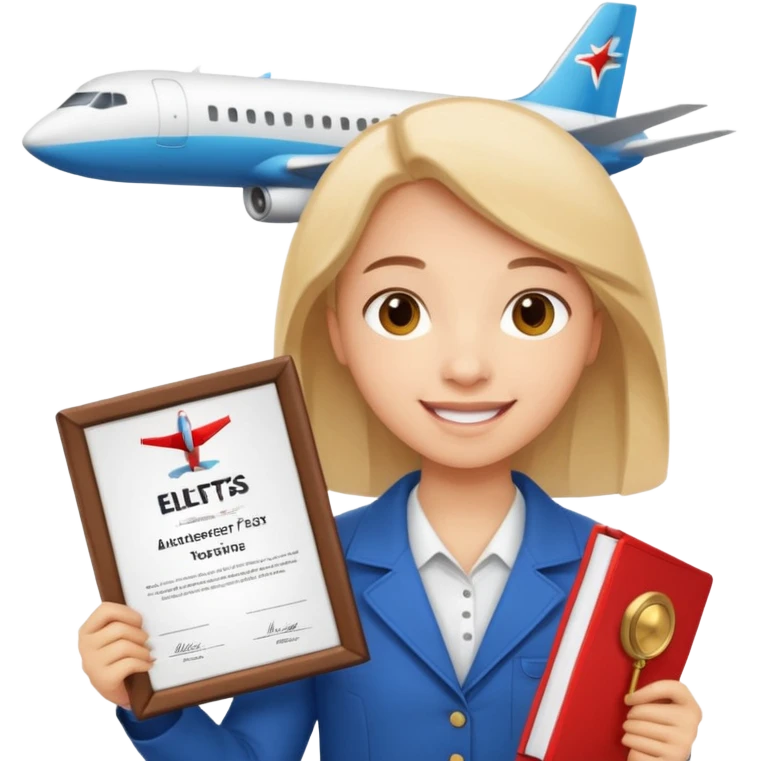 emoji student happy holding certificate IELTS 7.0, success, airplane, white background emoji