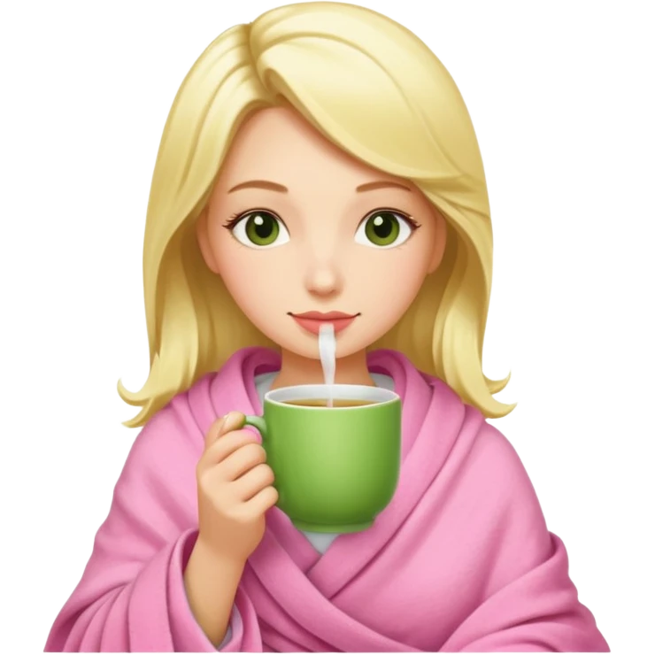 Блондинка пьет зелёный чай укутавшись розовым пледом emoji