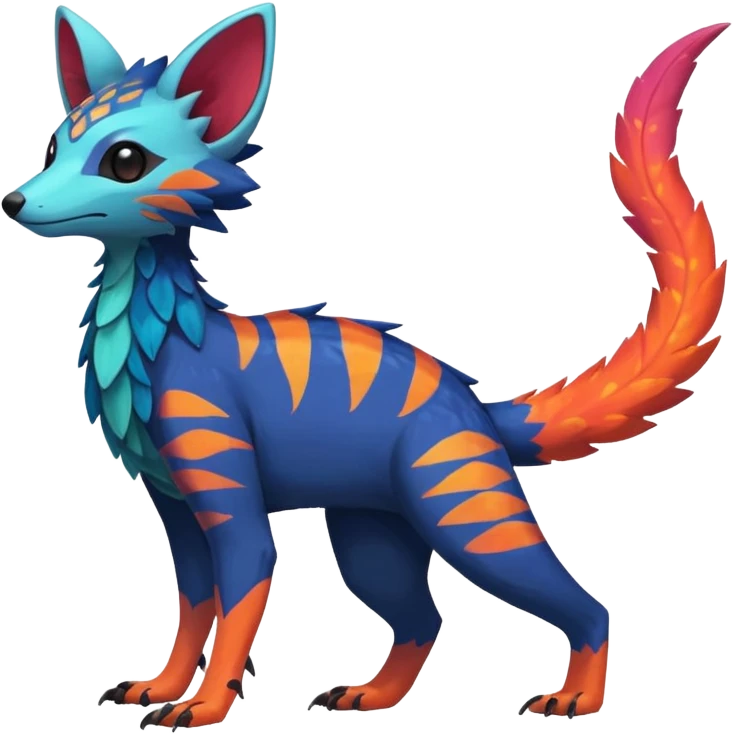 Rare realistic exotic edgy epic pretty beautiful handsome gorgeous aesthetic colorful vibrant Vernid-Trico-species-Fakemon-creature by LiLaiRa, 4 legs, 1 tail, random markings, (full body) emoji