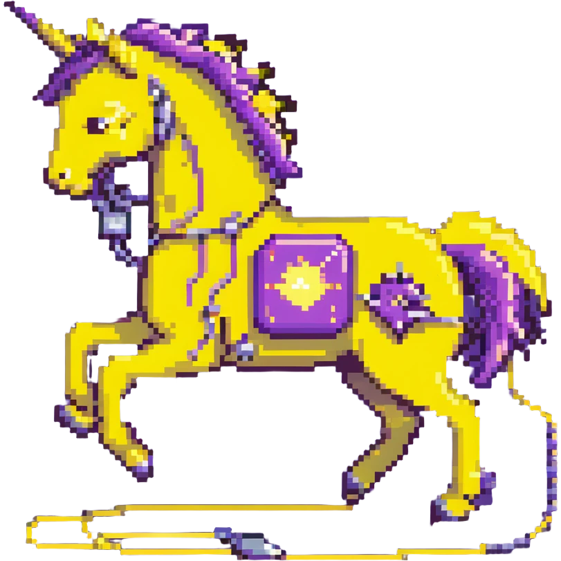 A yellow electric horse in pixel art style, made of electricity and lightning, with visible yellow wires, bolts shooting from its body as it runs. emoji