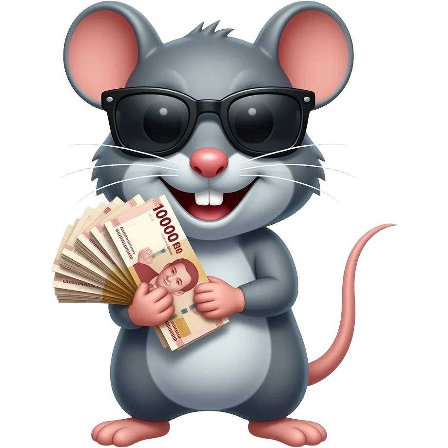 An angry smiling rat wearing a sunglasses grab a bunch of indonesia's money, the price is 100.000 emoji