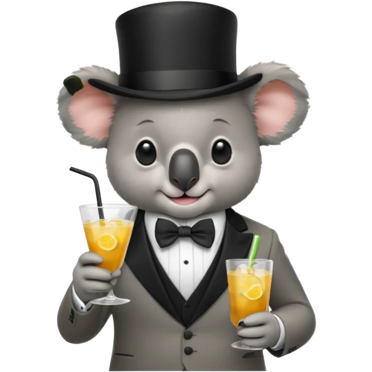 koala wearing suit, bowtie and top hat, holding a glass of drink emoji