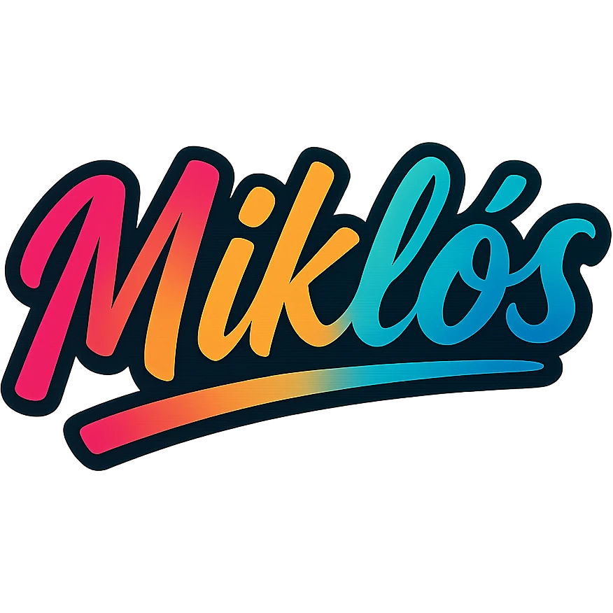 The name 'Miklós' in a modern, colorful gradient font with a dark outline, on a transparent background, with the name underlined or partially underlined dynamically with a slanted underline, in the style of the sample images. emoji