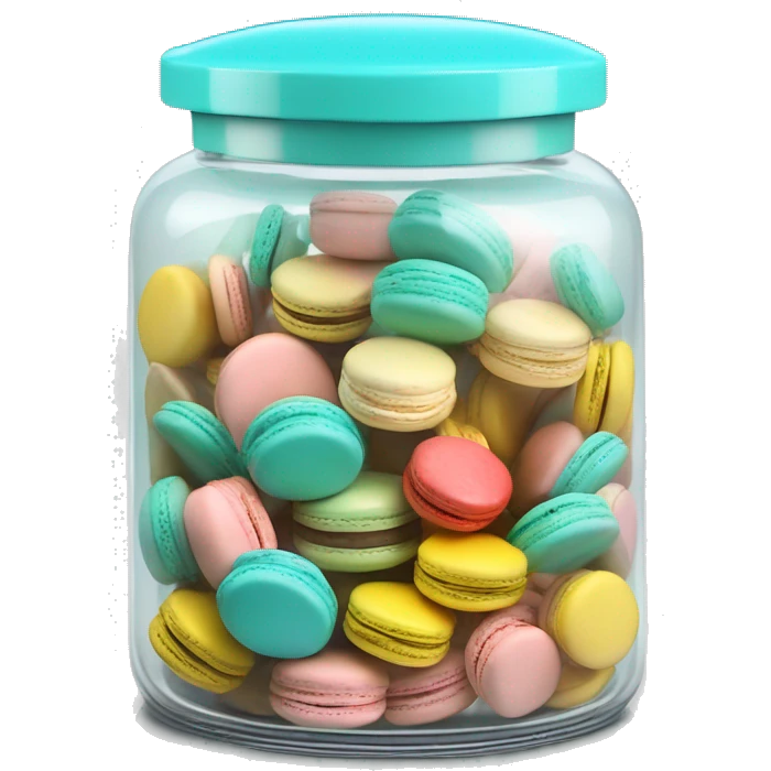 Realistic isolated glass cookie jar with tiffany blue lid and filled with colorful macarons inside of it. emoji