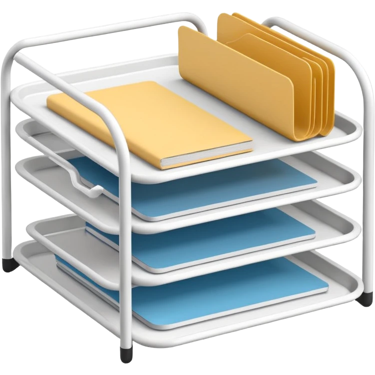 A minimal, clean emoji-style illustration of a white metal desk paper organizer tray, shown in slight isometric view so its structure is readable at a small scale. The organizer is rectangular with rounded corners, made of thin white metal wires, forming two to three stacked horizontal slots.
 emoji