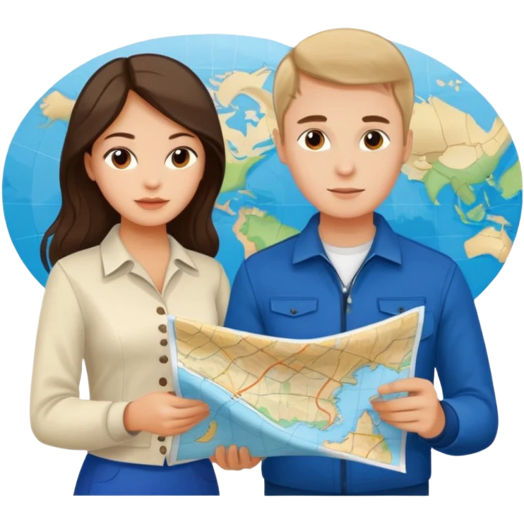 Russian young man and elegant fair-skinned Latina girl in costal outfits with a map planning  emoji