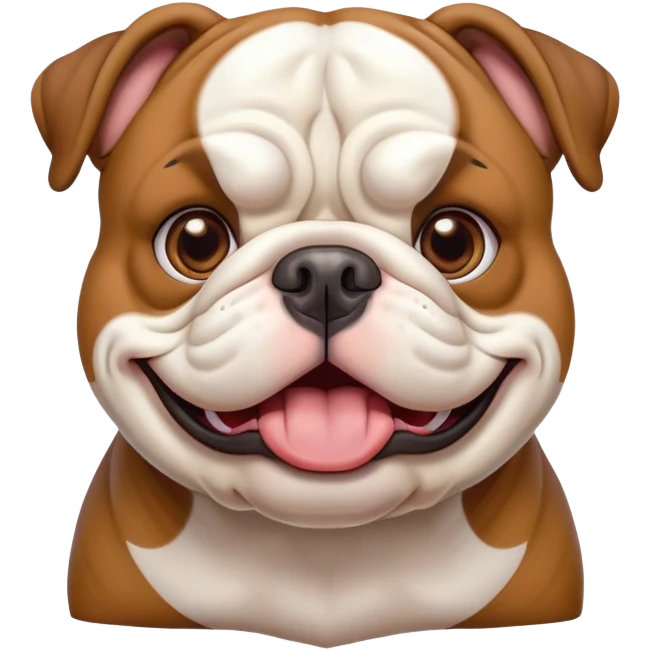 Cinematic Comical Brown and White English Bulldog Portrait Emoji, Head tilted dramatically with an exaggeratedly amused expression, featuring a striking brown and white coat with a bold pattern, wide, expressive brown eyes filled with playful disbelief, Simplified yet hilariously expressive features, highly detailed, glowing with a slightly sassy glow, high shine, dramatic yet playful, stylized with an air of cheeky defiance, bright and endearing, soft glowing outline, capturing the essence of a spirited and over-the-top guardian, so meme-worthy it feels like it could side-eye its way into internet fame instantly! emoji