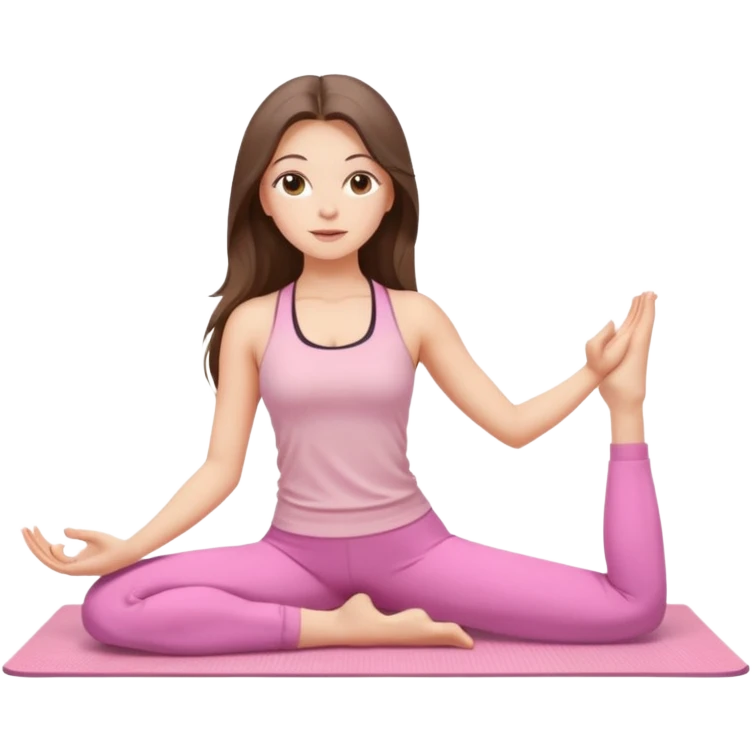 white brunette girl long hair with hazel eyes in light pink workout clothes stretching on a yoga mat emoji