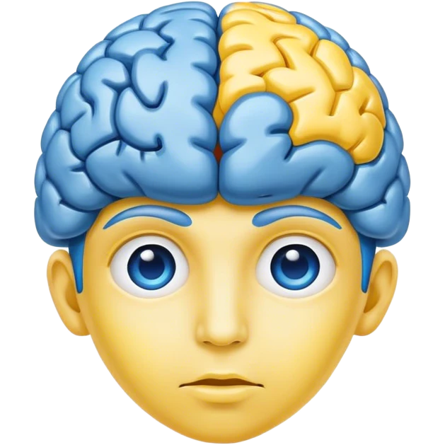 Standard emoji of a person with a blue brain instead of hair and yellow skin emoji