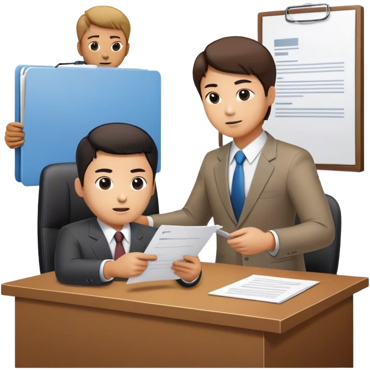 “An emoji-style illustration of a Korean man bringing a document to his boss for approval. The man is dressed in office attire, holding a document folder or papers, and approaching a superior who is seated at a desk. The boss appears authoritative, possibly reviewing or signing the document. The setting suggests a professional office environment, depicted in a minimalistic and expressive emoji-like style.” emoji