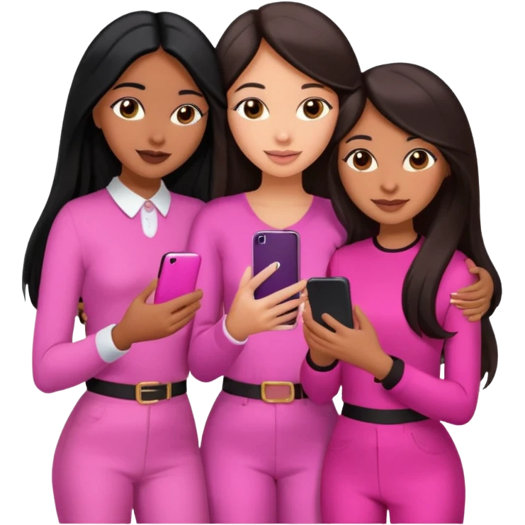 3 brown girl friends with a phone on their hand, one with black long hair light skin,  one with brown hair long and the other one with black with brown medium length hair . Wearing pink glammed up and hugging  emoji