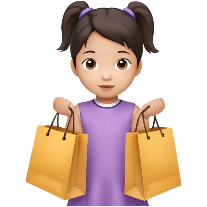Asian toddler girl in 2 pony tails holding shopping bag emoji