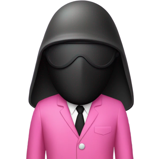 "Emoji of a Squid Game guard in a pink suit, black mask with a white shape (circle, triangle, or square), cartoon style, simple and recognizable emoji