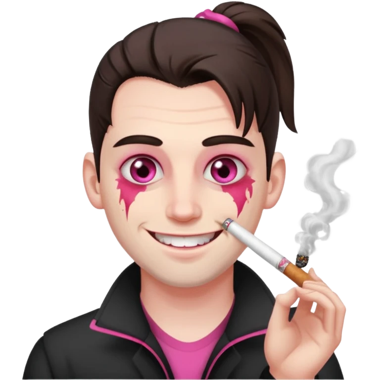 A white man with dark brown hair in a ponytail, oversized bloodshot pink eyes, grinning, smoking a long roll up emoji