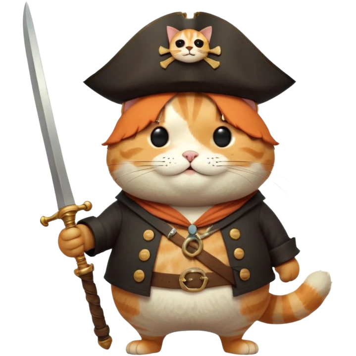 Anthropomorphic, cute fat cat pirate, dynamic, Q version proportions, form by Jon Klassen and Nicola Kinnea full body, rich details 8k, isolated on white background emoji