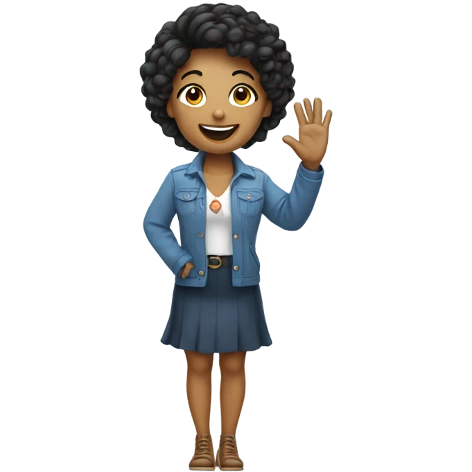 a woman saying hey! with a smile and a wave with a cute outfit on emoji