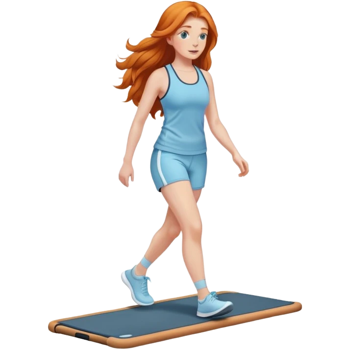 Gorgeous Ginger girl long hair walking on walking pad light blue gym outfit emoji